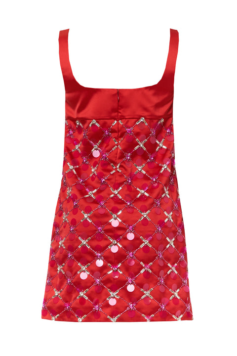 Back of red mini dress with crystal embellishments on a white background