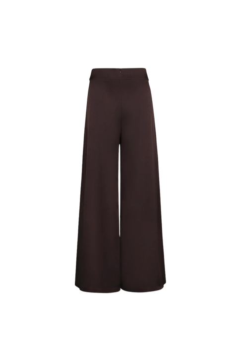 A pair of dark brown wide-leg cropped pants shown flat against a solid white background.