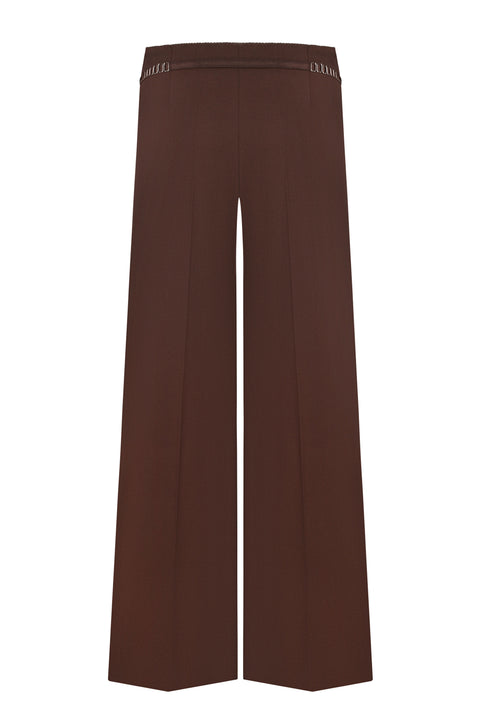 Back side of brown wide-leg pants on a white background
