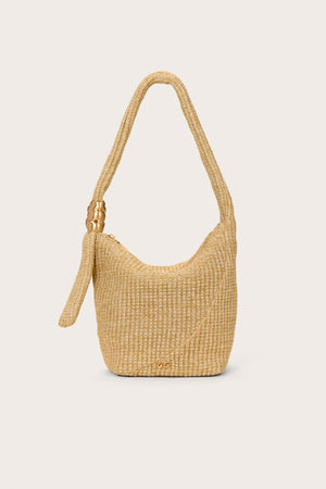 A tan, woven handbag that features a shoulder strap with gold hardware and zipper closure.
