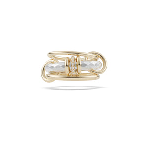Ghost image of a Spinelli Kilcollin Gemini ring that features a 1.7mm yellow gold band, a 3.8mm sterling silver textured band with two yellow gold annulets and one yellow gold annulet pave with diamonds, and a 2.3mm yellow gold band, connected by two yellow gold connectors.