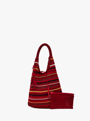 Red striped bag with matching pouch on a white background