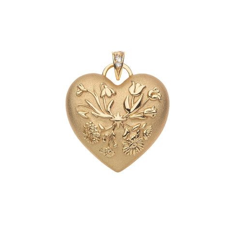 Gold heart charm with four seasons of flowers design.