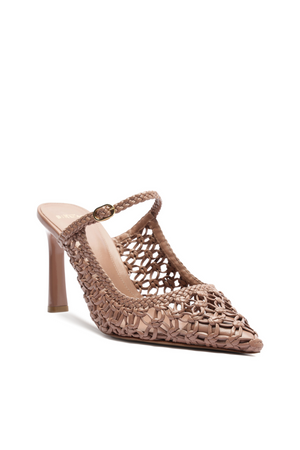 Nude brown heel with lattice leather detail.