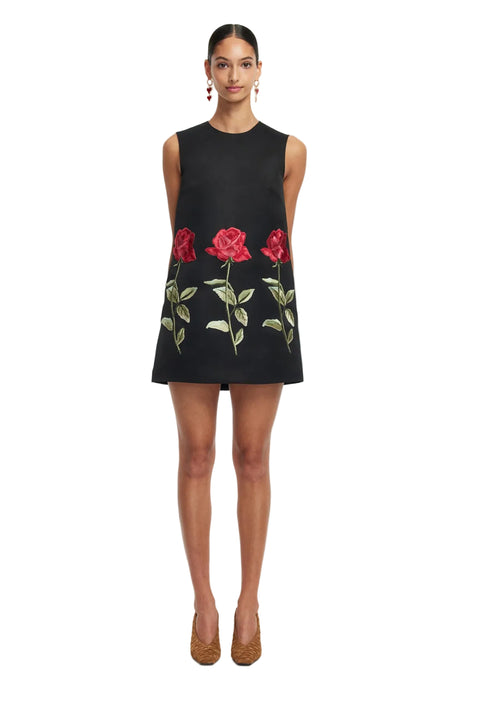 Woman wears a black sleeveless mini
dress with red floral embroidery on a white background