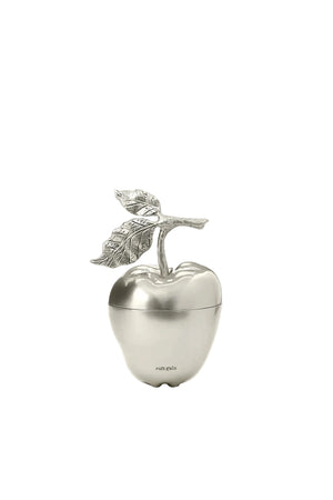 Silver apple-shaped bag with a leaf on a white background