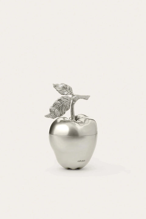 Silver apple-shaped bag with a leaf on a white background