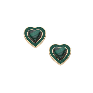 A pair of stud earrings in the shape of a heart featuring green malachite center stone surrounding my matching enamel trim.