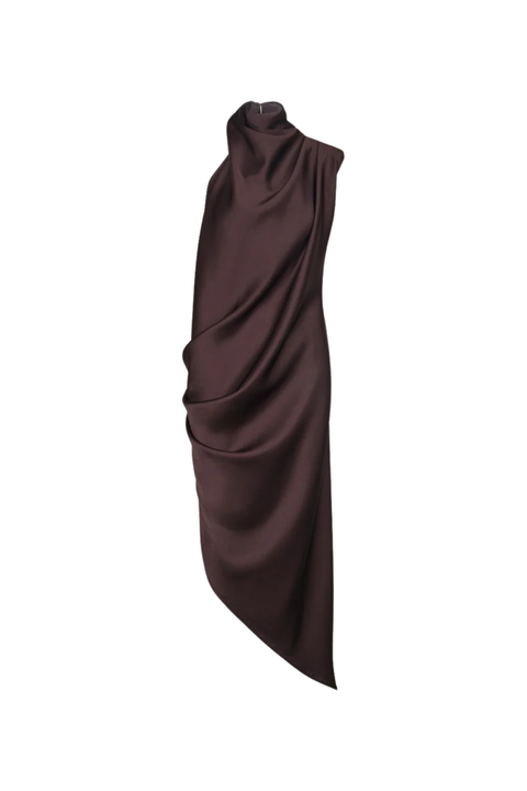 A dark brown draped asymmetrical top displayed against a solid white background.