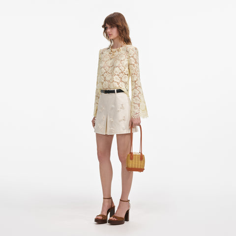 Cream Denim Beaded Floral Mini Skirt