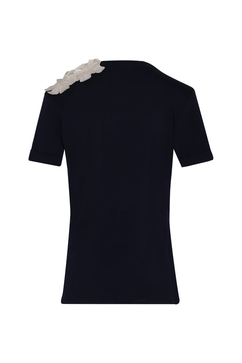 Back of navy short sleeve t-shirt.