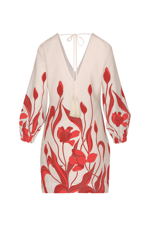 Back of linen mini dress with tie at neck