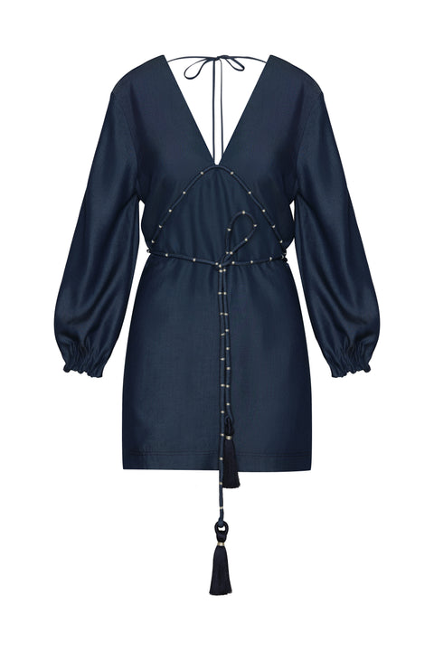 Blue denim belted mini dress with long balloon sleeves and v-neck.