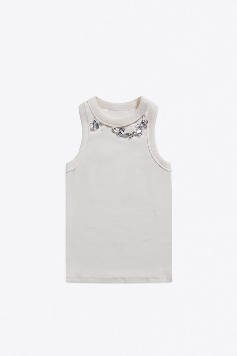 White sleeveless tank top with crystal embellishments on a white background