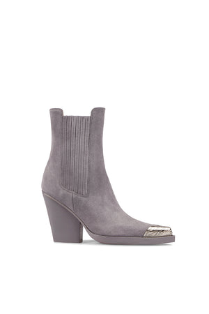 Gray ankle boot with metallic toe on a white background
