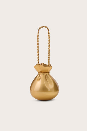 A gold-toned sculptural pouch clutch that features a twisted rope metal chain.