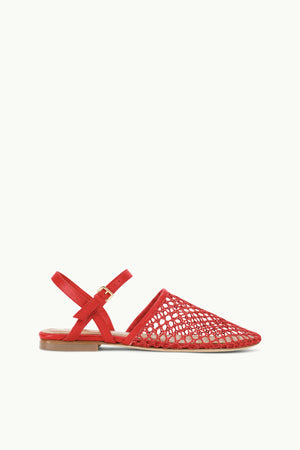 Side profile of a red, closed-toe, mesh flat sandal that features criss-cross ankle straps.