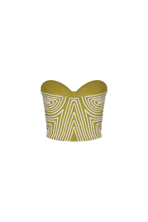 Flat lay back of strapless green bustier top