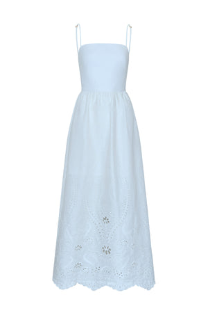 Light blue maxi dress with lace details on a white background.