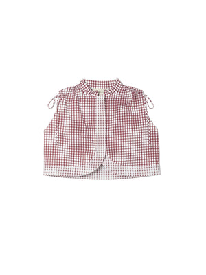 Red and white checkered blouse with ties at the shoulder on a white background