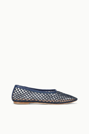 Side profile of a navy mesh ballet flat.