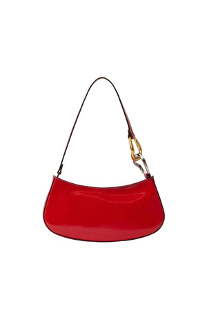 Red handbag with a gold and silver chain detail on a white background