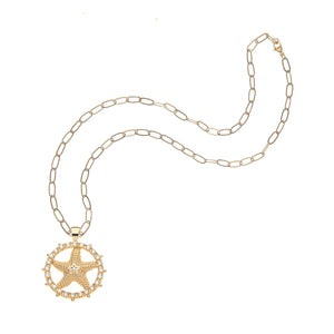 Gold chain necklace with a starfish pendant on a white background.