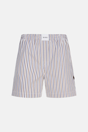 Ghost image of a pair of navy and brown pinstripe boxer shorts that feature a small logo embroidered on the side and an elastic waistband with a white logo patch on the front.