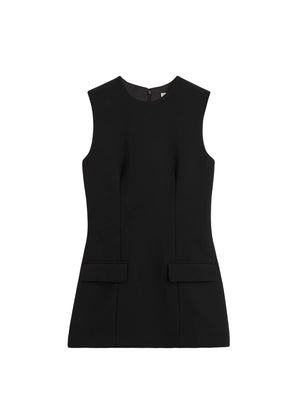 Black sleeveless crepe top with faux pockets on a white background