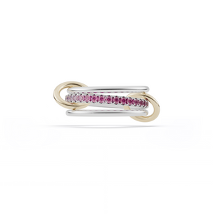 Ghost image of a Spinelli Kilcollin Tigris ring that features two 1.7mm sterling silver bands and one 2.3mm sterling silver band pave with ombre pink sapphires, connected by two 18k yellow gold connectors.