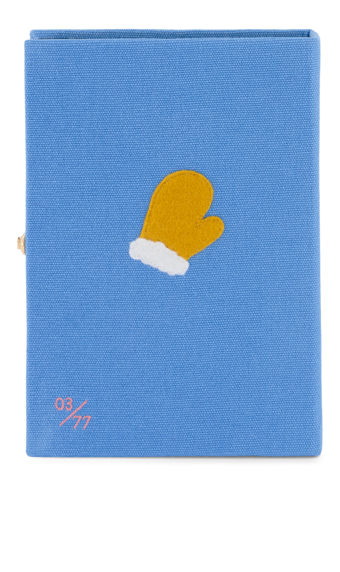 Back of blue fabric book clutch with a yellow and white mitten design on a white background