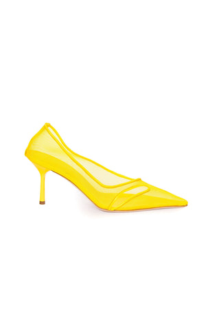 Yellow high-heeled mesh shoe with cut out on a white background