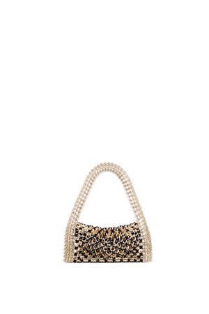 A small structured handbag with an embellished arched handle and a black, gold, and beige beaded body, shown on a plain white background.