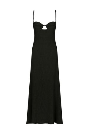 A black ankle-length dress with a sweetheart neckline and spaghetti straps