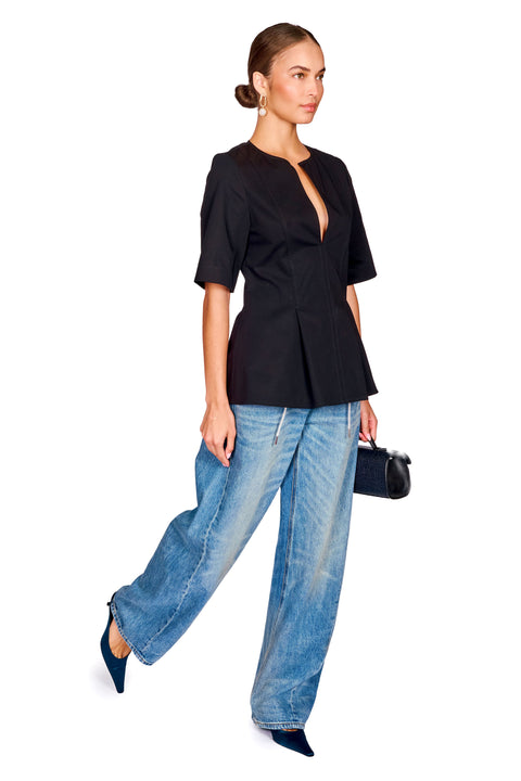 Tailored Cotton Short Sleeve V Neck Top
