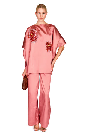 Satin Twill Top With Embroidered Flowers