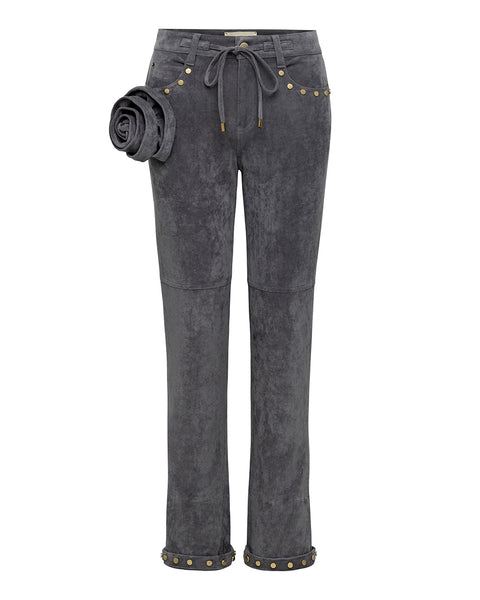 Dark gray pants with gold buttons and a rosette on a white background