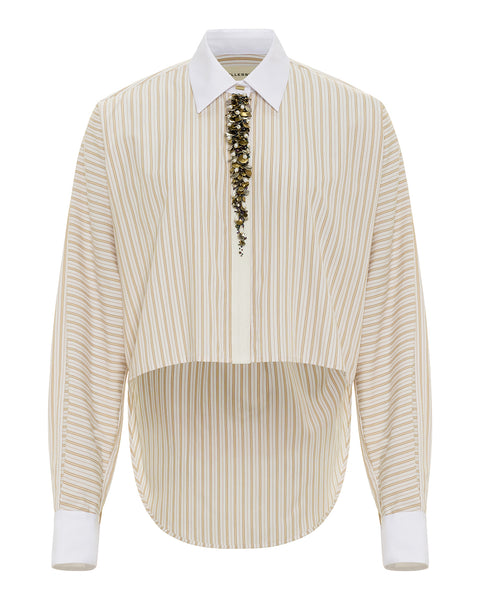 Beige striped shirt with a white collar and cuffs on a white background