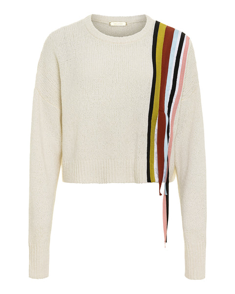 Off white sweater with colorful striped detail on the left shoulder on a white background