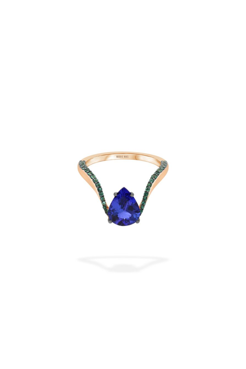 Pear Tanzanite & Emerald Aura Ring