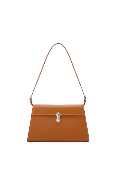 Tan brown leather shoulder bag with silver buckle
