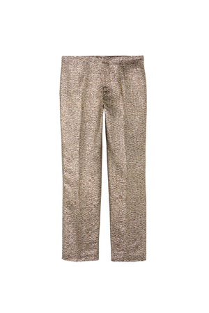 A pair of cropped trousers featuring a textured, metallic-looking jacqusrd pattern in beige, brown, and gold tones, shown flat against a solid white background.