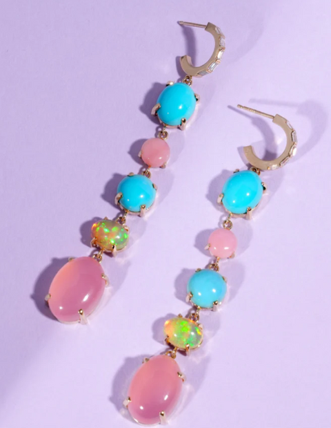Opal, Turquoise, Chalcedony, and Diamond Drop Earrings