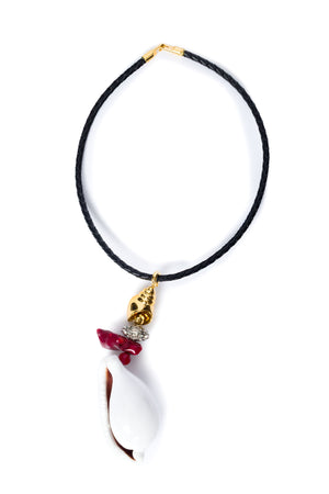 Necklace with a white pendant, red accents, and gold elements on a white background