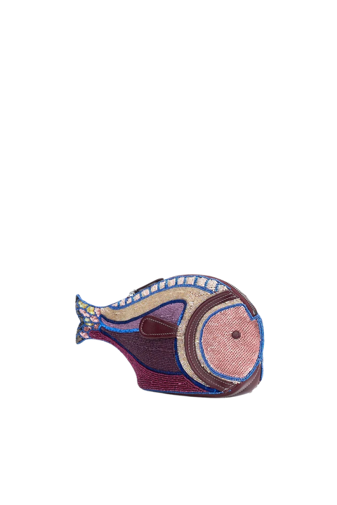 Decorative fish-shaped clutch with purple and blue embellishments on a white background side