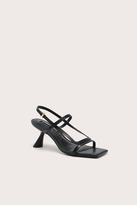 A black, strappy slingback heel that feature an open, square toe. 