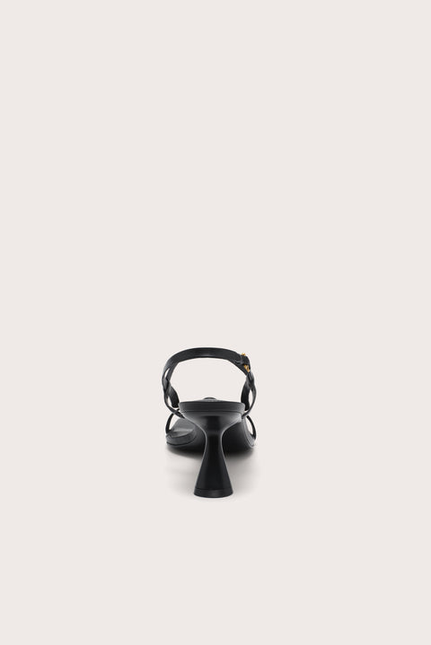 Back of a black, strappy slingback heel that feature an open, square toe. 