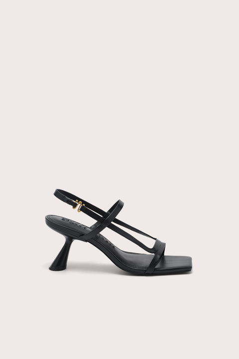 Side profile of a black, strappy slingback heel that feature an open, square toe. 