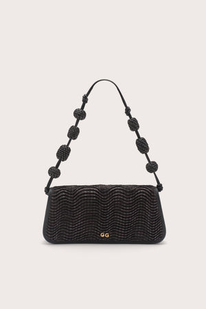 A black wavy raffia shoulder bag with raffia beads on the shoulder strap. 