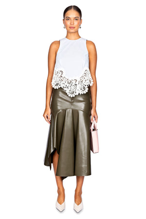 Asymmetrical Leather Flounce Hem Midi Skirt